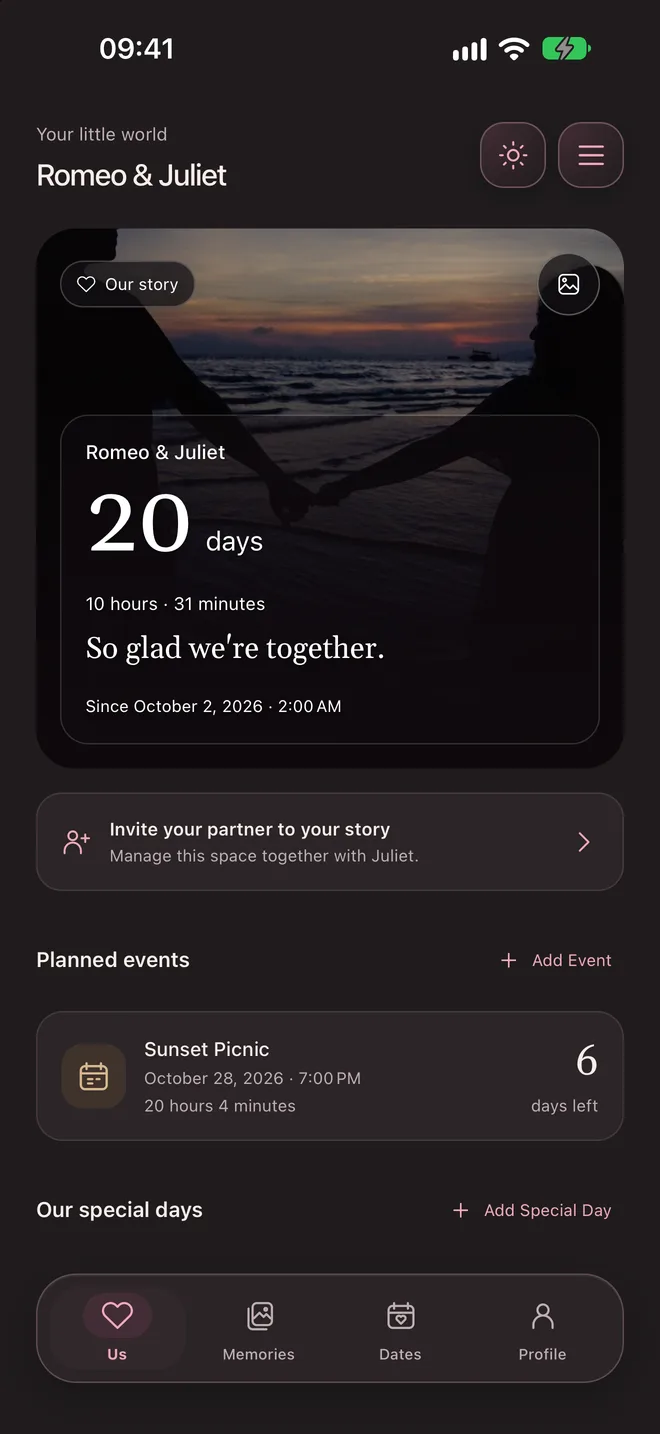 The Our Relationship Counter home screen showing a day counter, planned events and special days.
